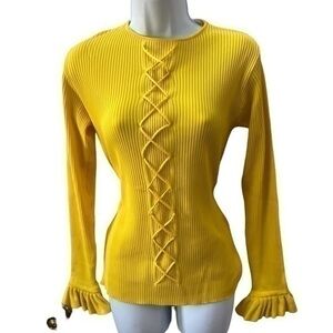 Vintage Yellow Stretch Top Crisscross Front Ribbed 70s Back Zip Long Sleeves S